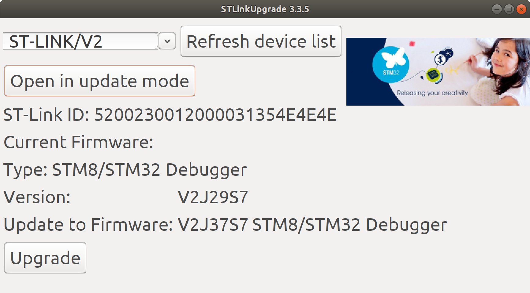 Pop up that displays firmware info and an 'update' button